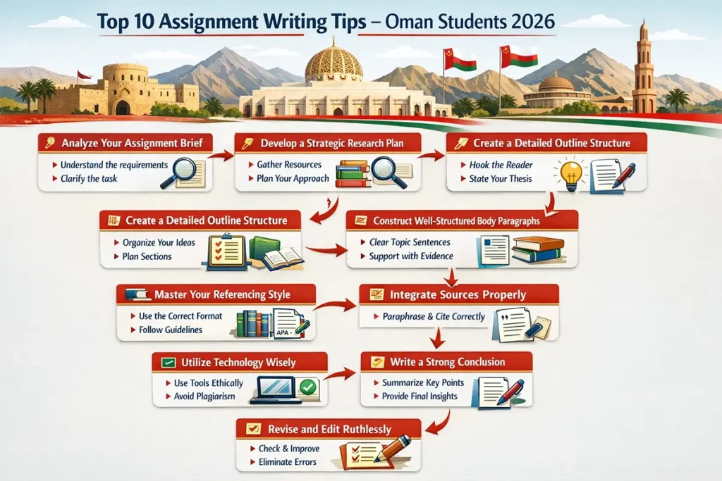 Assignment writing tips flowchart for Oman students
